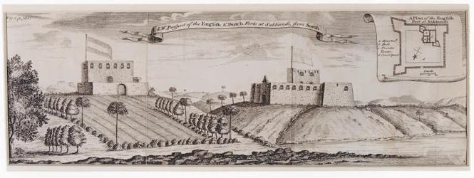 Südwestansicht der englischen und niederländischen Forts in Sakkundi, ca. 1744